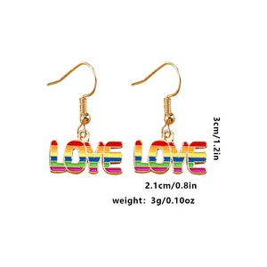 Detail view of colorful LOVE dangle earrings with precise size and weight dimensions