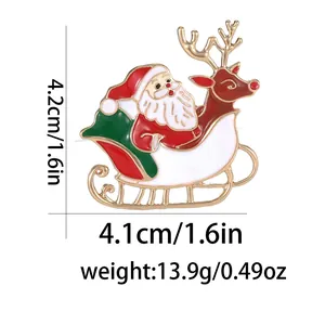 Detail view of Santa Claus on reindeer sleigh enamel pin with size and weight specs