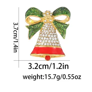 Detail view showing dimensions of a Christmas bell brooch with rhinestones and enamel