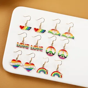 Rainbow heart and peace sign enamel earring set for women with six assorted gold pairs