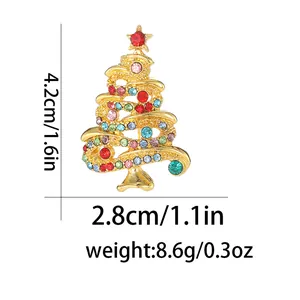 Detailed size specifications for a cartoon Christmas tree brooch with colorful rhinestones