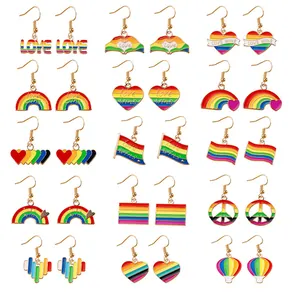 Women Rainbow Enamel Alloy Drop Earrings Love Wins Heart Peace Sign Pride Statement Jewelry Gold Tone Enamel Earrings