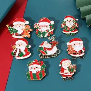 Detailed view of eight assorted cartoon Santa Claus enamel pins with festive gold plating