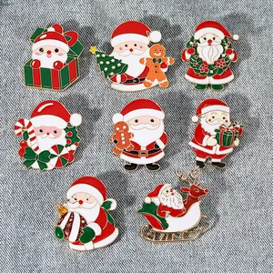 Set of 8 cute Santa Claus enamel pins on denim, festive Christmas zinc alloy badges