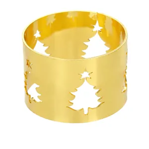 Servilletero dorado hueco con diseño de árbol de Navidad y estrella en metal pulido