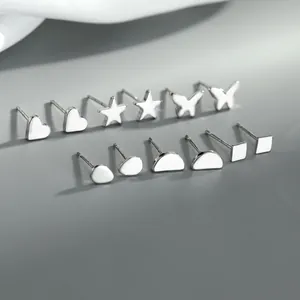 Pendientes de Botón Geométricos de Cobre con Forma de Corazón Estrella Mariposa para Mujer Simple Pequeño Lindo Diario Escuela Chicas Joyería de Oreja Regalo Color Plata