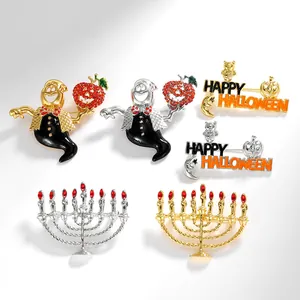 Cartoon Halloween Geist Kürbis Happy Halloween Emaille Brosche Menora Chanukka Jüdisches Festival Legierung Strass Anstecknadel Damen