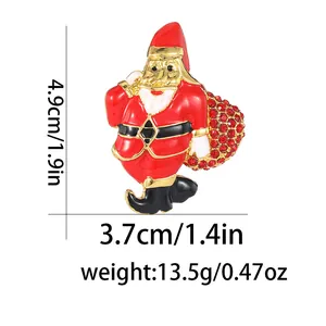 Detailed dimensions of Santa Claus brooch with red rhinestones and enamel finish