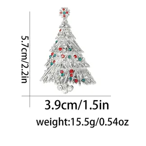 Detailed size view of a Christmas tree brooch with colorful rhinestones and silver finish