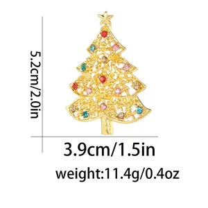 Detailed view of Christmas tree brooch with colorful rhinestones and size measurements