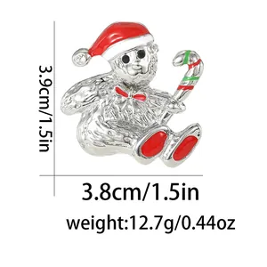 Detail showing dimensions of cute Christmas bear brooch with enamel and candy cane