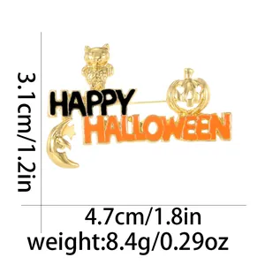 Goldene Halloween-Brosche mit Kürbis Mond und Happy Halloween Schriftzug 4,7cm