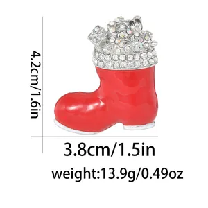 Detailed dimensions and weight specifications of a red Christmas boot brooch with rhinestones