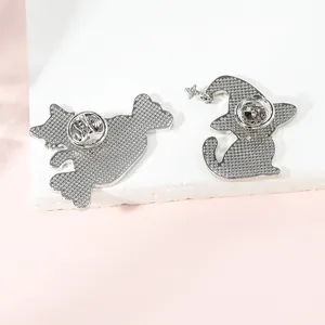 Silver Halloween cat badges with wizard hats and secure butterfly pin backings