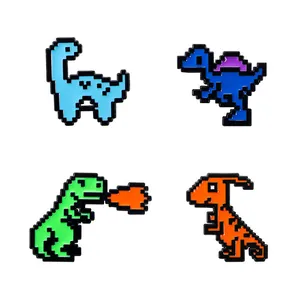 Set of four retro pixel art dinosaur enamel pins for backpacks and clothing accessories