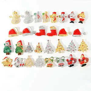 Detailed collection of crystal rhinestone Christmas brooches featuring festive trees and snowmen