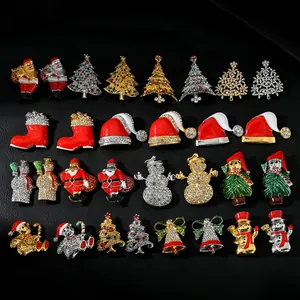 Detailed collection of colorful Christmas tree and Santa brooches on black leather