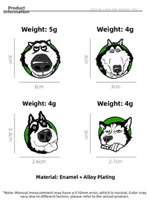 Detail view of four husky enamel pins with dimensions and weight measurements