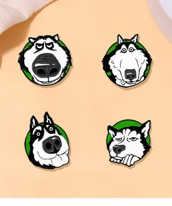 Detailed view of four funny husky dog enamel pins made of zinc alloy and oil drip finish