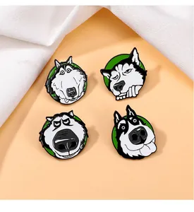 Detailed macro view of four funny husky dog enamel pins on orange background