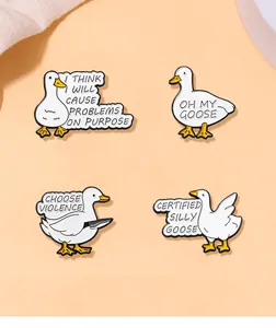 Set of four cartoon white goose enamel pins with humorous quotes on orange background