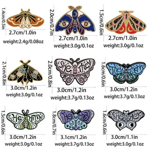 Size chart showing weight and dimensions for 9 colorful butterfly enamel pins