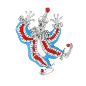 Spilla vintage a forma di pagliaccio da circo con smalto rosso, blu e strass brillanti
