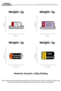 Detail view of four battery-themed enamel pins showing dimensions and varied power icons