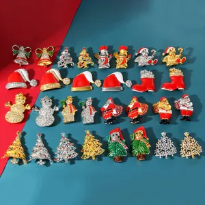 Christmas Brooch Pin Alloy Enamel Rhinestone Santa Claus Christmas Tree Snowman Bell Festive Jewelry Accessory Women