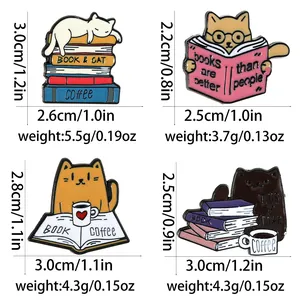 Set of four cartoon cat and book enamel pins made of zinc alloy with glossy finish
