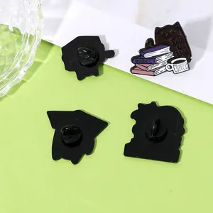 Cute black cat enamel pin with books and coffee cup made of creative alloy metal