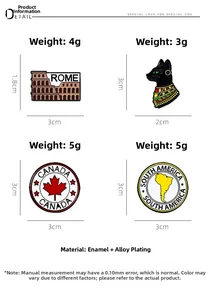 Detail view of enamel badges showing Rome, Egyptian cat, maple leaf, and map designs