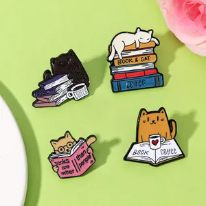Creative Cartoon Cat Book Coffee Enamel Pin Alloy Badge Brooch Jewelry Accessory Gift For Students Reading Lovers