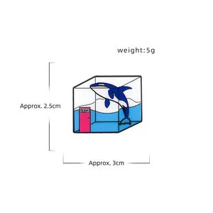 Creative cartoon orca in glass cube enamel pin, unique ocean animal alloy badge