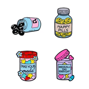 Set of 4 creative colorful enamel pins featuring medicinal bottles with star and heart motifs