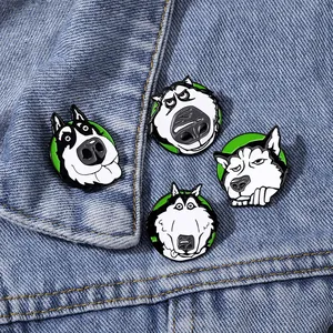 Set of 4 funny Husky enamel pins with cartoon dog expressions on denim jacket
