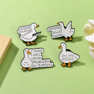 Funny white duck enamel pin set with knife and humorous text on green background