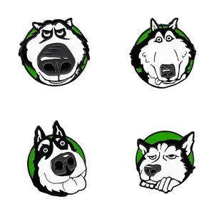 Set of four cute cartoon Husky dog enamel pins with green circular backing for backpacks