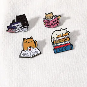 Creative alloy cat and book enamel pin set with colorful cartoon animal designs