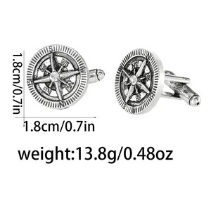 Vintage silver compass cufflinks with central crystal for men's formal shirts