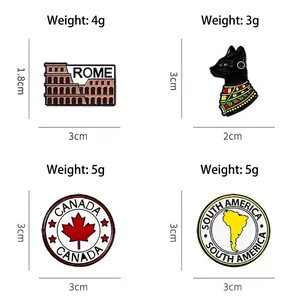Set of four cartoon enamel pins featuring Rome, Egypt, Canada and South America map designs
