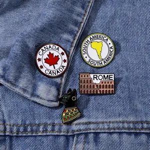 Creative alloy enamel pins set featuring maple leaf, Rome Colosseum and cute black cat