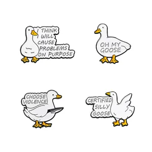 Set of four funny cartoon goose enamel pins with humorous captions on white background
