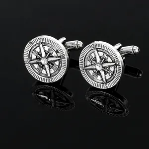 Vintage Compass Cufflinks For Men Alloy Eight-Pointed Star Round Shirt Cuff Links With Rhinestone Business Wedding Jewelry Gift