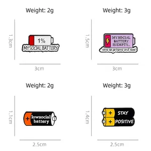 Battery themed enamel pin set with social energy text and size charts on white background