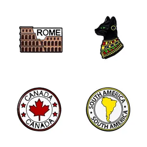 Set of four unique enamel pins featuring Rome Colosseum, Egyptian cat, Canada, and South America