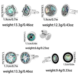 Set of stylish French shirt cufflinks with Masonic and Viking symbols on silver alloy
