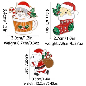 Detailed size chart for Christmas themed enamel pins featuring cat, dog and polar bear