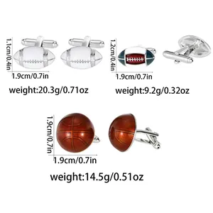 Alloy sports cufflinks featuring rugby and basketball designs with size and weight specs