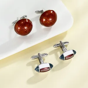 Detail of silver alloy basketball and rugby cufflinks with enamel textures and T-bar stems